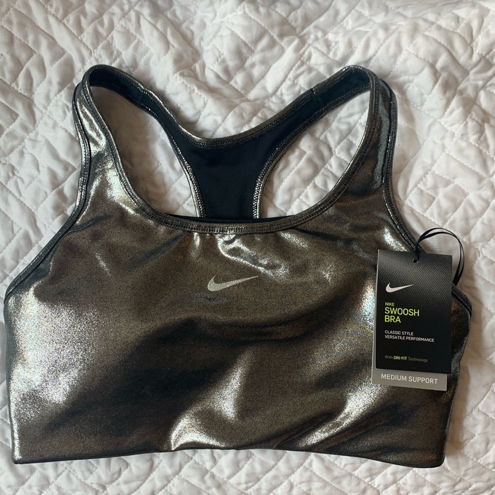 Nike Swoosh Sports Bra Dri fit Liquid Metallic Silver Medium BN gymnastics